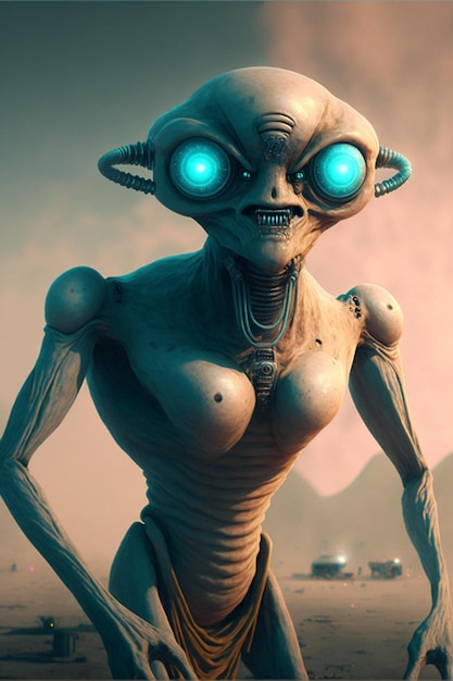 A digital illustration of a alien with blue eyes and a blue light on her head.