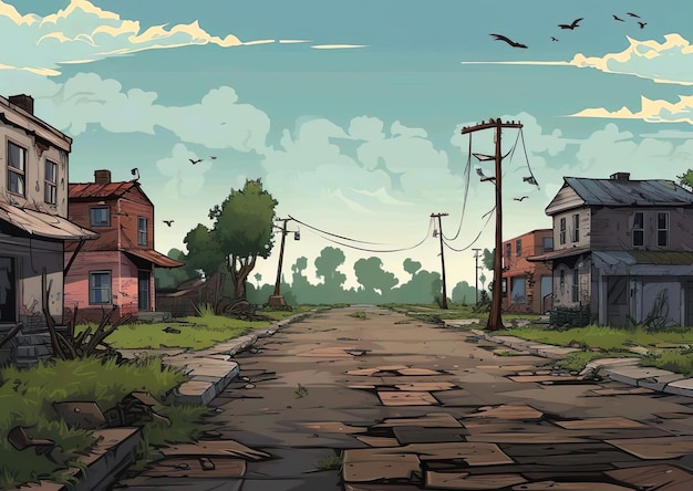 A digital illustration animation of a street scene with houses and trees in the background