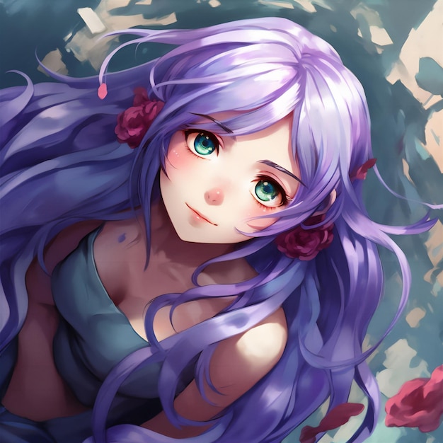 アニメの女性のデジタルイラスト 花の世界 紫のの可愛い肖像画