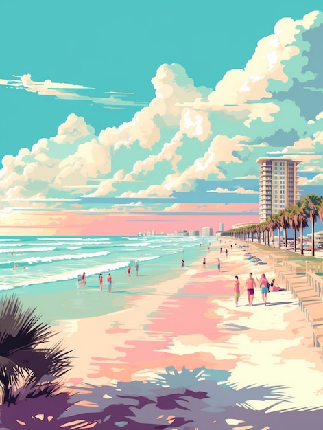 цифровая иллюстрация пляжной сцены с людьми на пляже и заходом солнца на заднем плане.