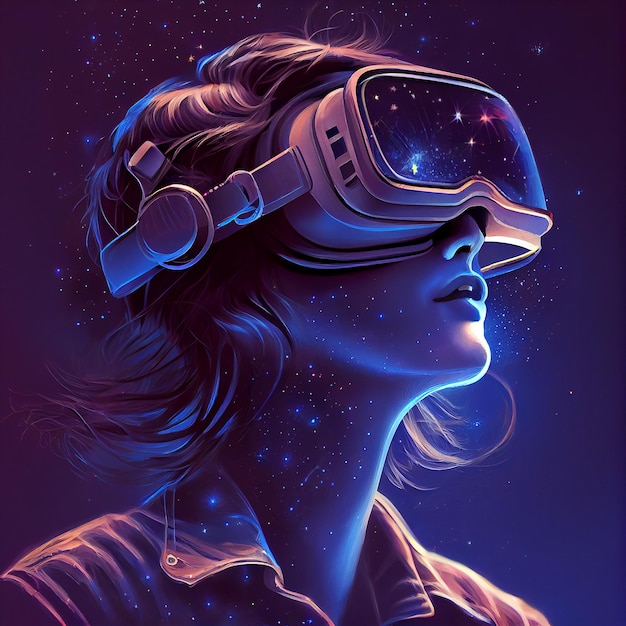 Digital illustration of a beautiful girl with VR glasses looking into the open space