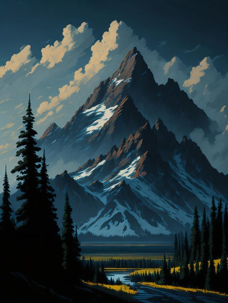 Digital illustration of beautiful landscape mountains trees