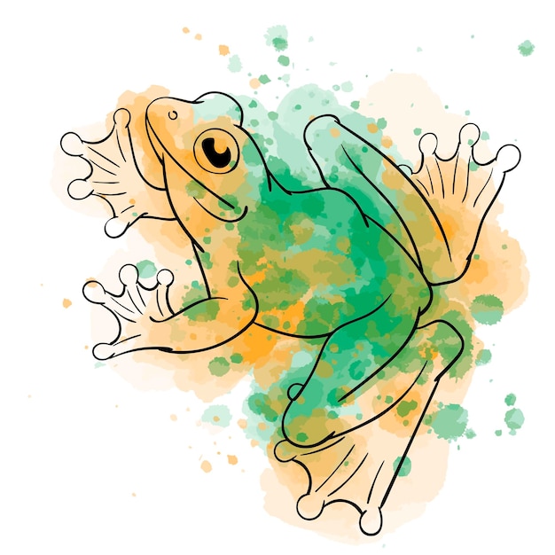 Digital illustration of black contour frog on watercolor spots background