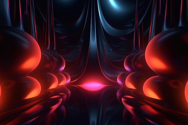 黒と赤の抽象的な背景に赤と青の色の液体を描いたデジタル イラスト。