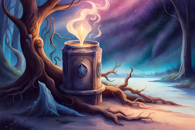 digital illustration of A bottle of magic potion in a dark fantasy forest magic potion