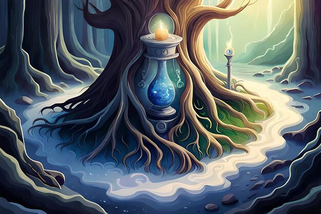 digital illustration of A bottle of magic potion in a dark fantasy forest