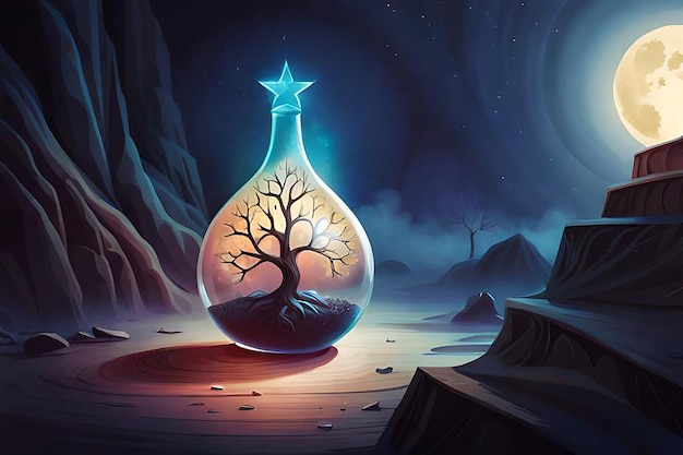 Цифровая иллюстрация бутылки волшебного зелья в темном фантастическом лесу