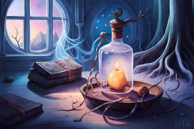 digital illustration of A bottle of magic potion in a dark fantasy forest