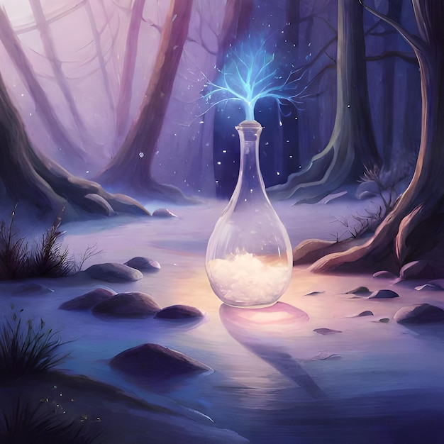 digital illustration of A bottle of magic potion in a dark fantasy forest