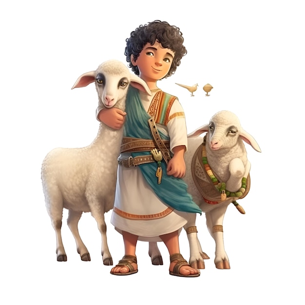 Digital illustration of a boy and two sheep isolated on white background