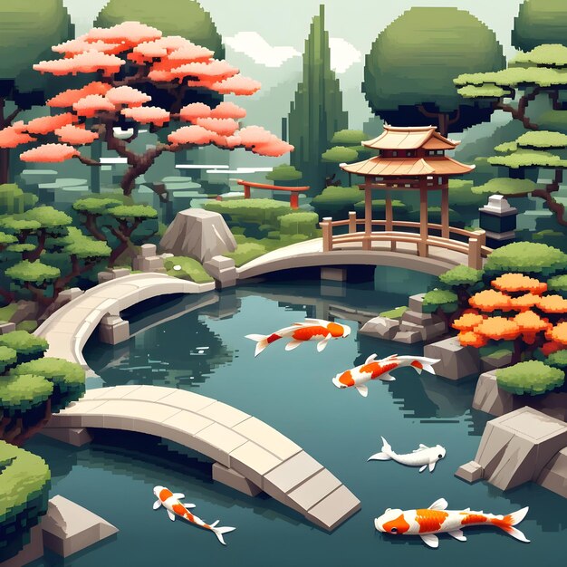 Photo a digital illustration of a bridge with koi fish swimming in the water