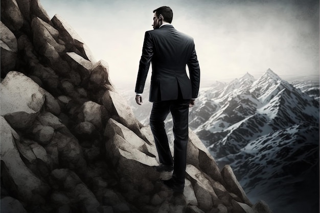 Digital illustration of businessman, man in suit climbing mountain. Generative AI