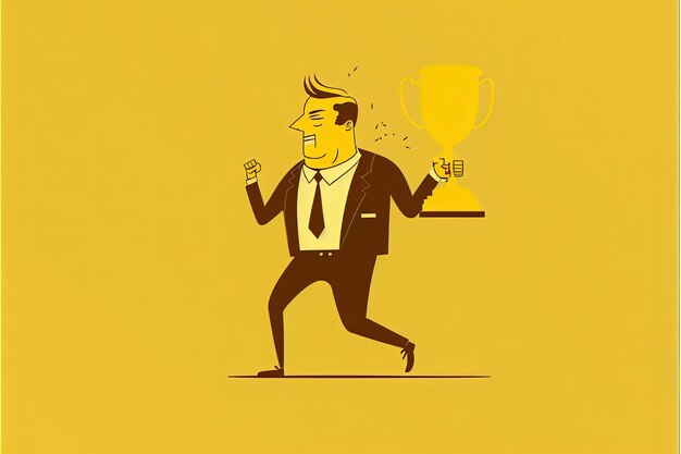 Цифровая иллюстрация бизнесмена с трофеем, желтым фоном. Генеративный ИИ