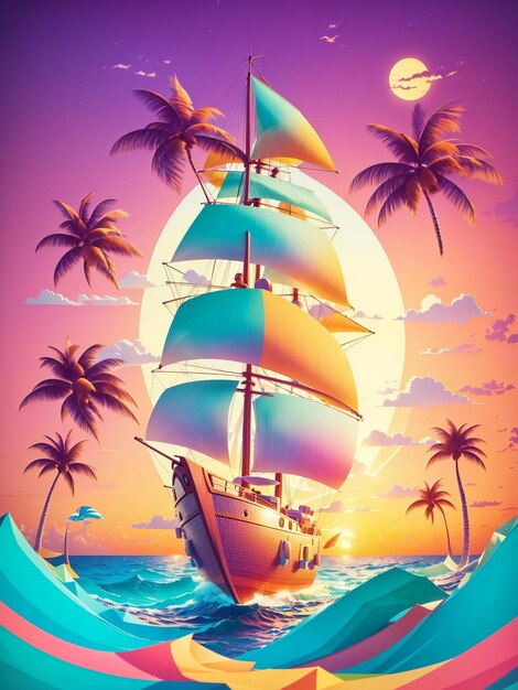 Digital illustration caravan sailing in the atlantic ocean with a pastel tetradic sunset