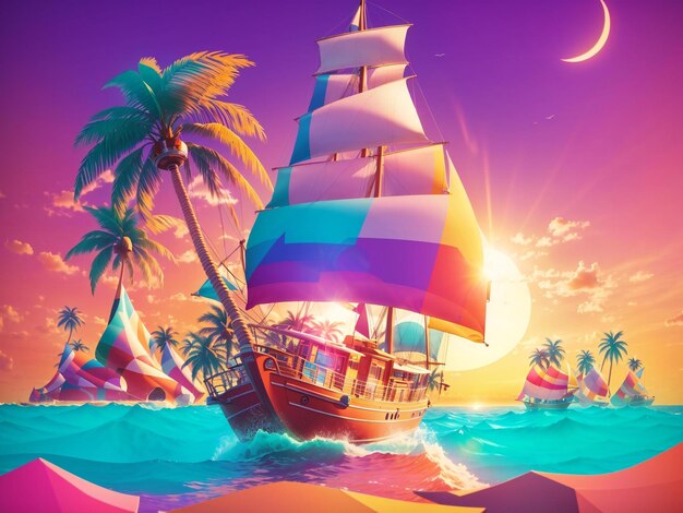 Digital illustration caravan sailing in the atlantic ocean with a pastel tetradic sunset