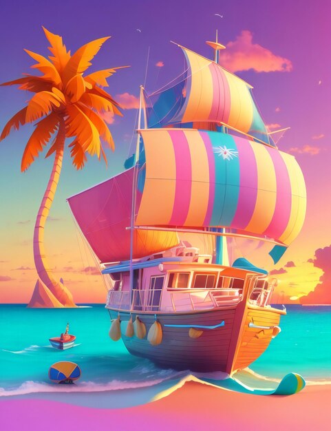 Digital illustration caravan sailing in the atlantic ocean with a pastel tetradic sunset