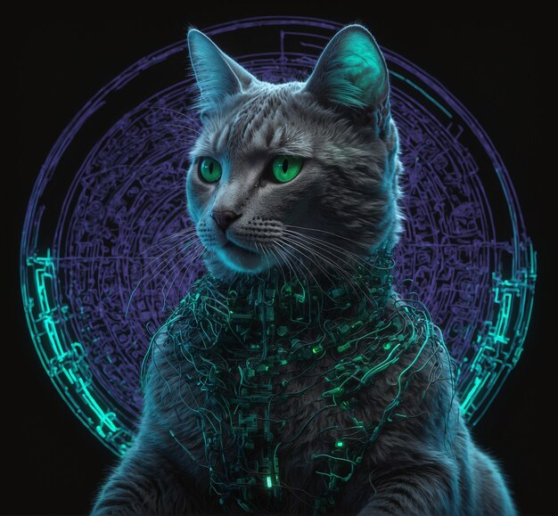 Digital illustration of a cat with green eyes and a circuit board in the background