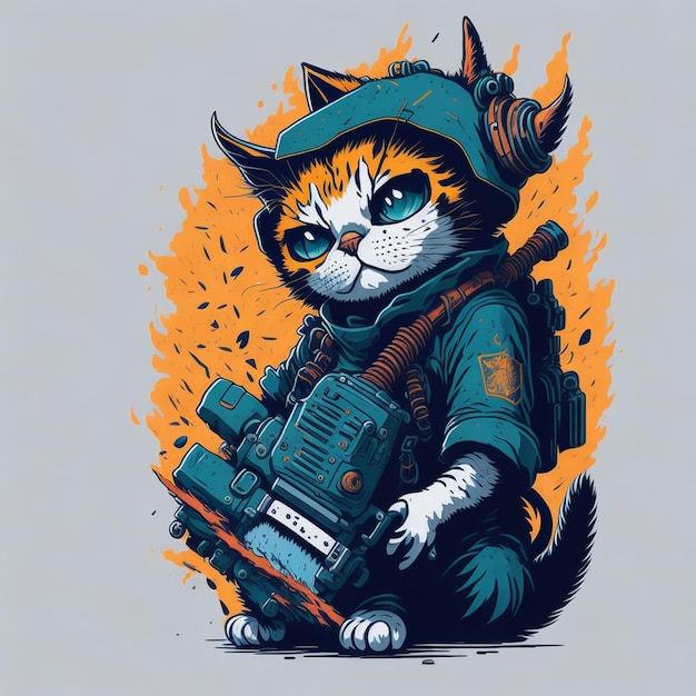 A digital illustration of a cat with a gun in his hands.