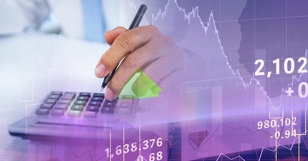 Digital illustration of Caucasian male hands calculating over statistics