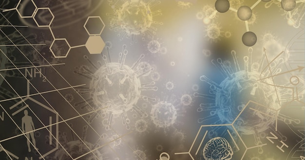 Digital illustration of a chemical element, data processing
statistics showing over macro coronavirus covid-19 cells floating
in the background. medicine public health pandemic coronavirus
covid 19 ou