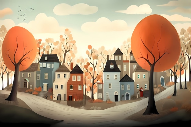 a digital illustration of a city with houses and trees.