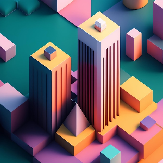 Цифровая иллюстрация города с большим зданием посередине.