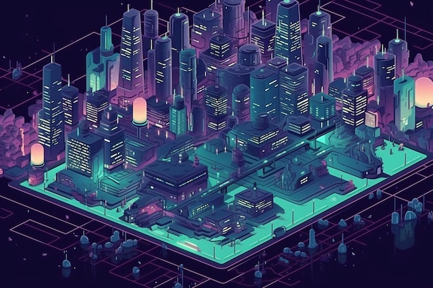 A digital illustration of a city with a neon blue and purple background.