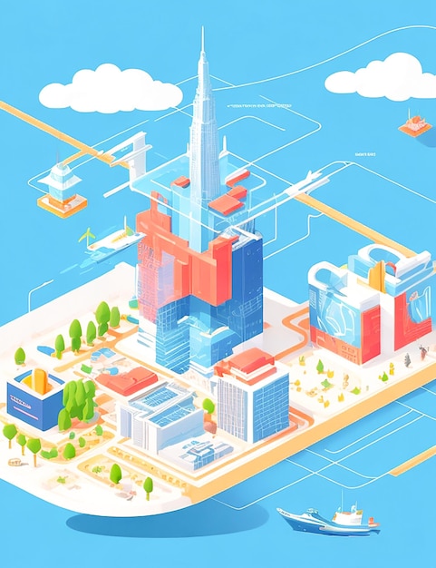 A digital illustration of a city with a tower and a cityscape generate by ai