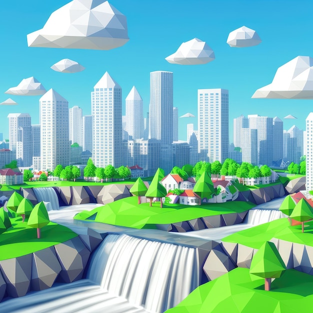 A digital illustration of a city with a waterfall and a cityscape