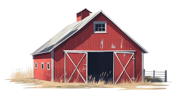 A digital illustration of a classic red barn with white trim and a white roof