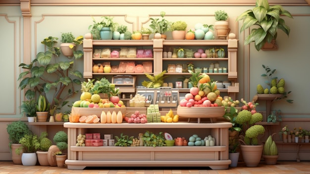 A digital illustration of a colorful grocery store with an abundance of fruits and vegetables