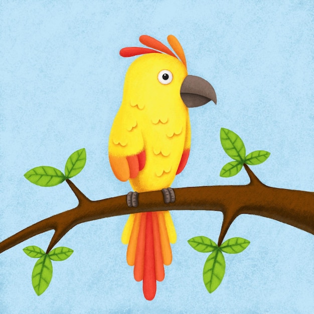 아이들을 위해 나뭇가지에 앉아 있는 화려한 앵무새의 디지털 삽화