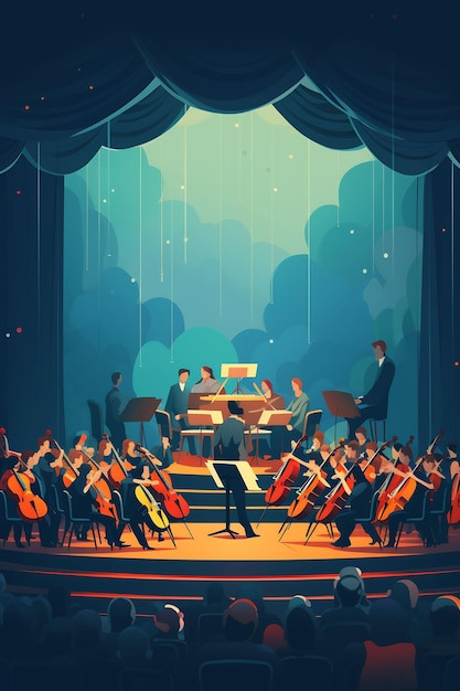 a digital illustration of a concert scene with a piano and orchestra.