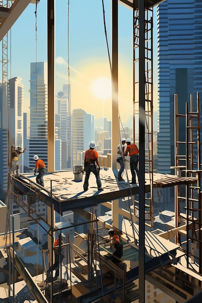 a digital illustration of construction workers on a construction site