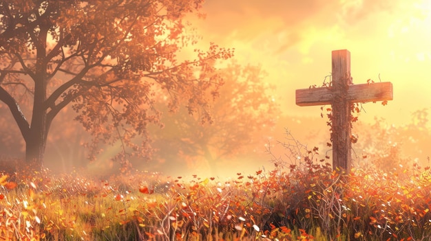 digital illustration of a cross standing on autumn meadow