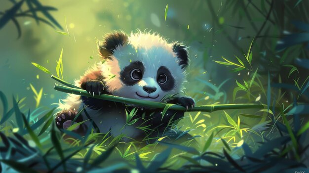 竹の棒を握っている大きな目を持つ可愛いパンダの子のデジタルイラスト