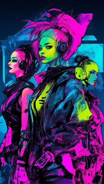 Digital illustration of Cybergoth style girls drawn with brush strokes