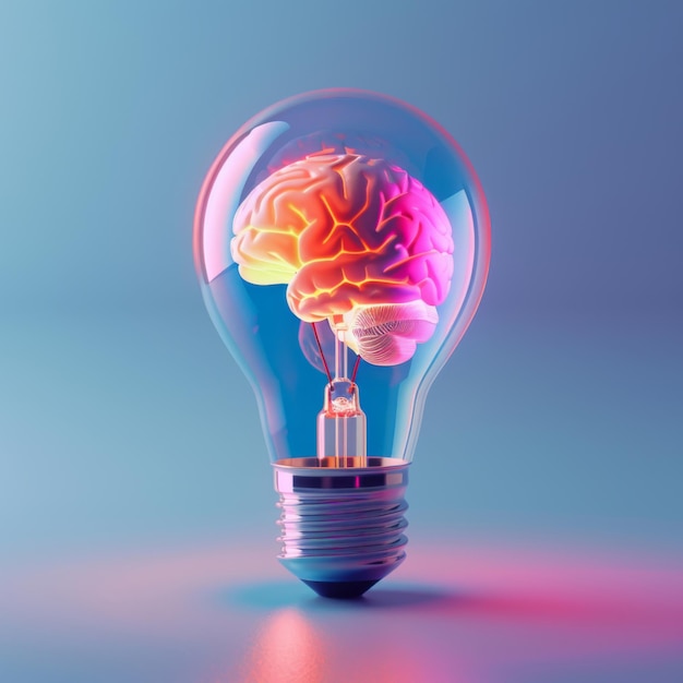 Photo digital illustration depicting a human brain glowing within a light bulb representing bright ideas a