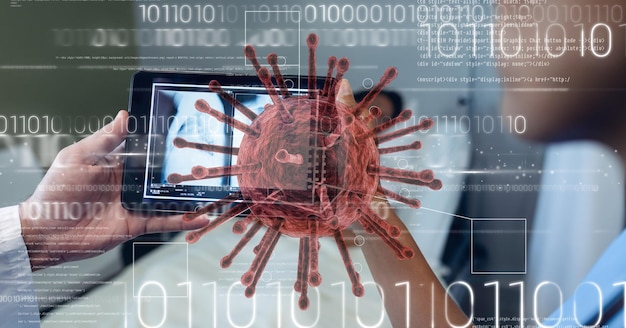 Цифровая иллюстрация врача, использующего цифровой планшет над макроклеткой Coronavirus Covid-19, обработка данных, отображение статистики на заднем плане. Медицина общественное здравоохранение пандемия коронавирус Covid