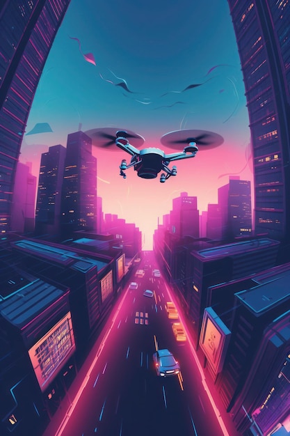 A digital illustration of a drone flying over a city.