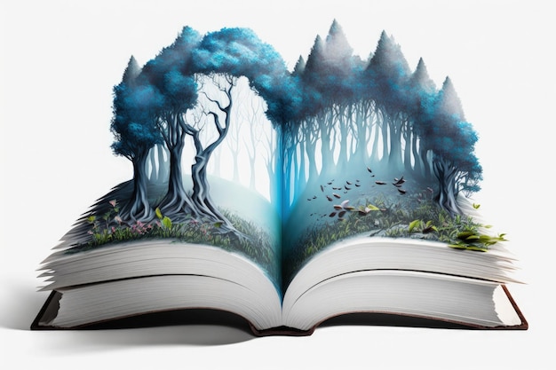 Digital illustration of enchanted forest with blue mist on book white background Generative AI