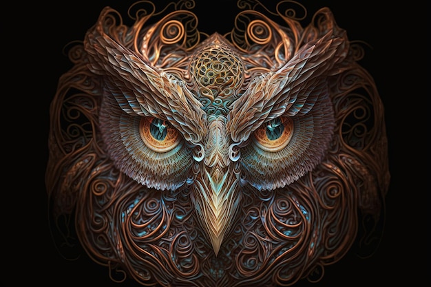 Digital illustration of the face of a mystical owl with incredible shapes. Generative AI