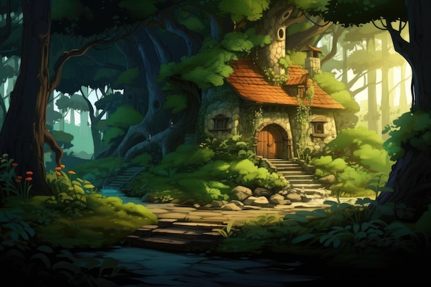 Digital Illustration of a Fairy Tale Landscape with a Fantasy House Illustration of a house surrounded by a lush forest AI Generated