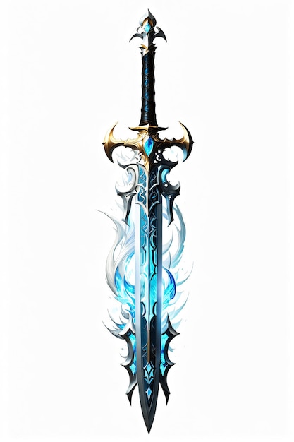 Photo digital illustration of a fantasy sword in blue flames isolated on white background