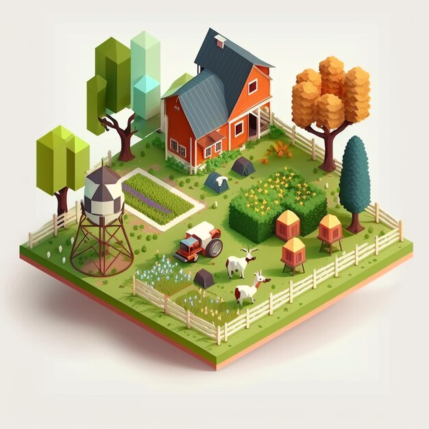 A digital illustration of a farm with a house and a farm