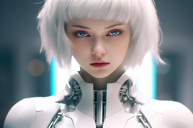 白い髪と青い目をした女性キャラクターのデジタル イラストです。