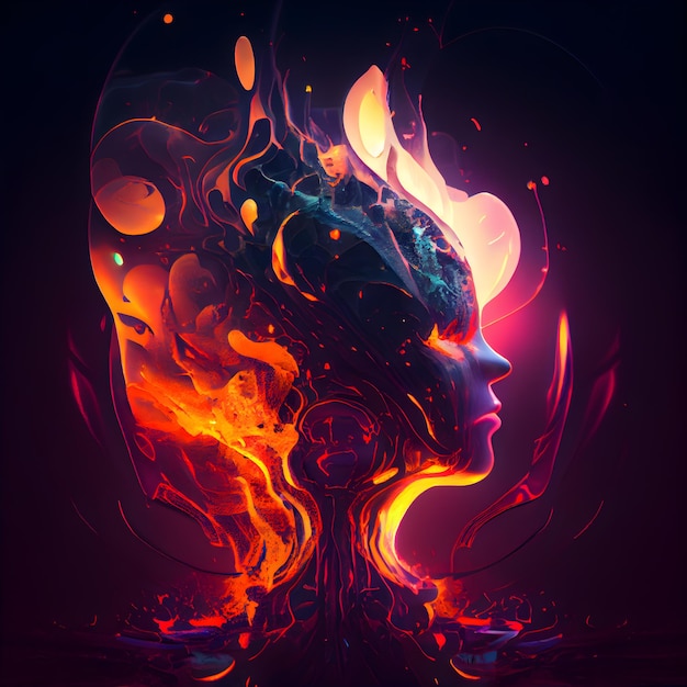 Digital illustration of a female head in fire flames 3D rendering