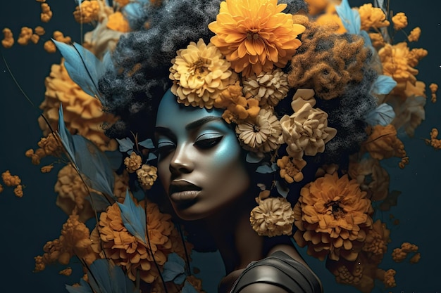 Digital illustration of a female portrait of an African American woman with colorful flowers Generative AI