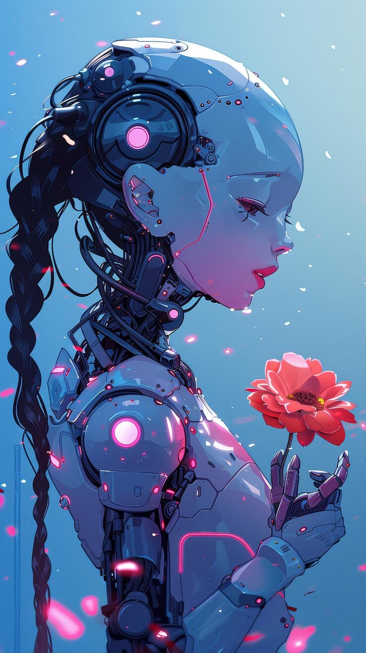 Photo デジタルアートスタイルで花を握っている女性ロボットのデジタルイラスト
