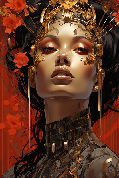 Digital illustration of a female robot with a flower in her hair